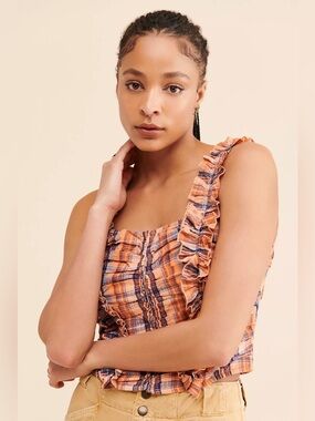 Anthropologie VERB by Pallavi Singhee Ruffle Crop Tank Coral Plaid Women’s Small